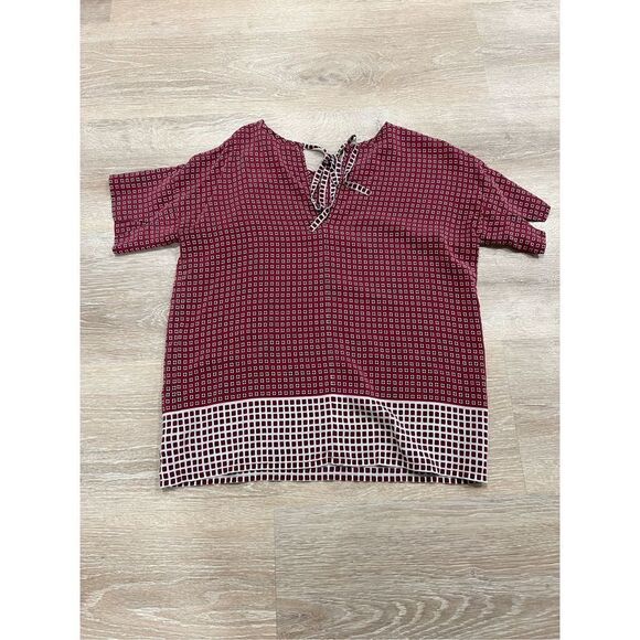 Madewell Silk Blouse Top Womens 2XS Red Geometric Short Sleeve Tie Bow Back Casu - Picture 10 of 10